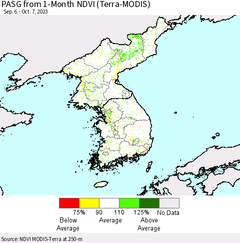 Korea PASG from 1-Month NDVI (Terra-MODIS) Thematic Map For 9/30/2023 - 10/7/2023