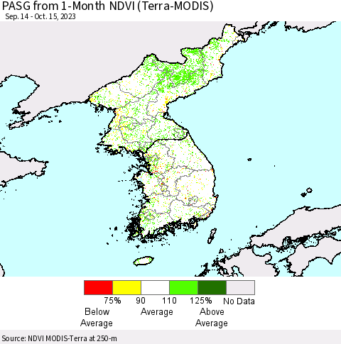 Korea PASG from 1-Month NDVI (Terra-MODIS) Thematic Map For 10/8/2023 - 10/15/2023