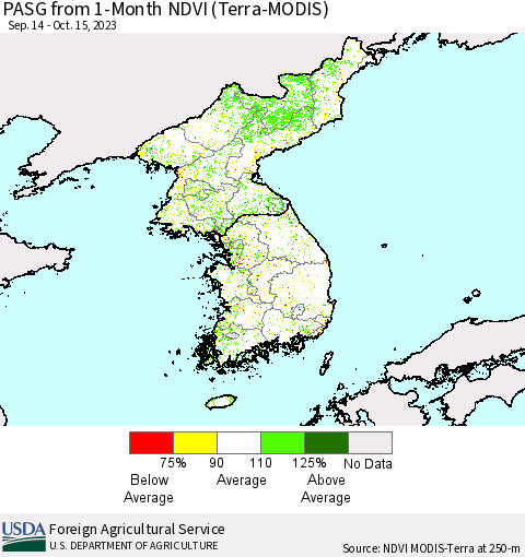 Korea PASG from 1-Month NDVI (Terra-MODIS) Thematic Map For 10/11/2023 - 10/20/2023