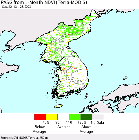 Korea PASG from 1-Month NDVI (Terra-MODIS) Thematic Map For 10/16/2023 - 10/23/2023