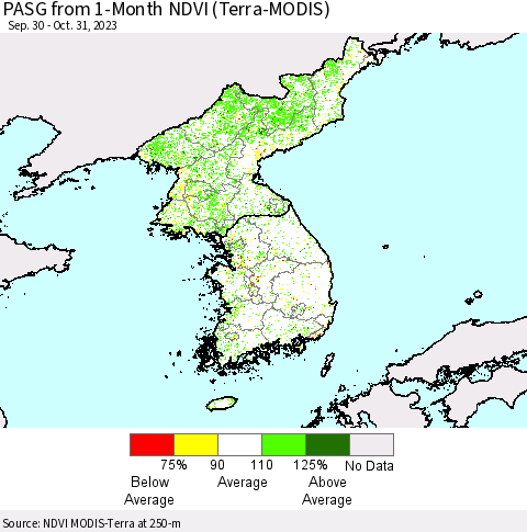 Korea PASG from 1-Month NDVI (Terra-MODIS) Thematic Map For 10/24/2023 - 10/31/2023