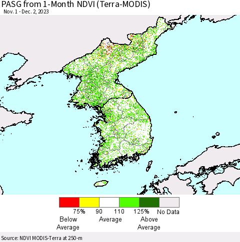 Korea PASG from 1-Month NDVI (Terra-MODIS) Thematic Map For 11/25/2023 - 12/2/2023
