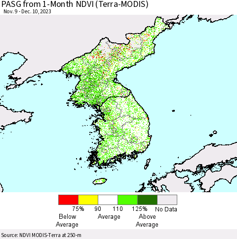 Korea PASG from 1-Month NDVI (Terra-MODIS) Thematic Map For 12/3/2023 - 12/10/2023
