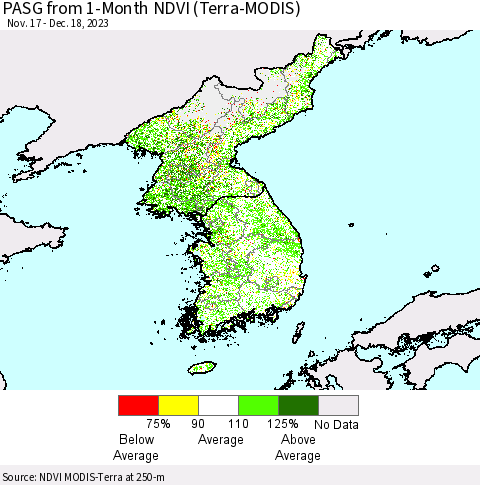 Korea PASG from 1-Month NDVI (Terra-MODIS) Thematic Map For 12/11/2023 - 12/18/2023