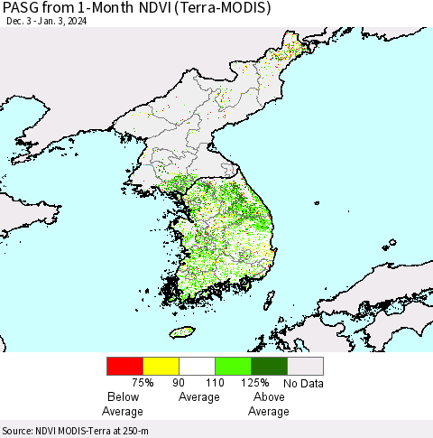 Korea PASG from 1-Month NDVI (Terra-MODIS) Thematic Map For 12/27/2023 - 1/3/2024