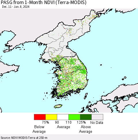 Korea PASG from 1-Month NDVI (Terra-MODIS) Thematic Map For 1/1/2024 - 1/8/2024