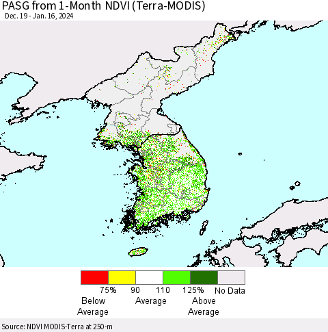 Korea PASG from 1-Month NDVI (Terra-MODIS) Thematic Map For 1/9/2024 - 1/16/2024