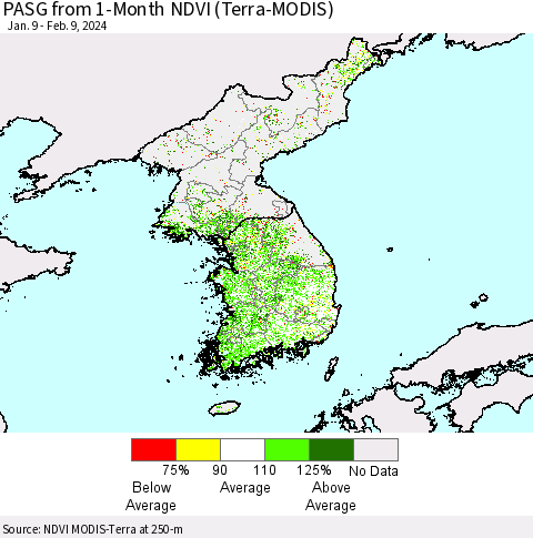 Korea PASG from 1-Month NDVI (Terra-MODIS) Thematic Map For 2/2/2024 - 2/9/2024