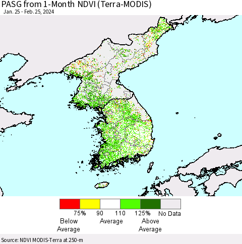 Korea PASG from 1-Month NDVI (Terra-MODIS) Thematic Map For 2/18/2024 - 2/25/2024