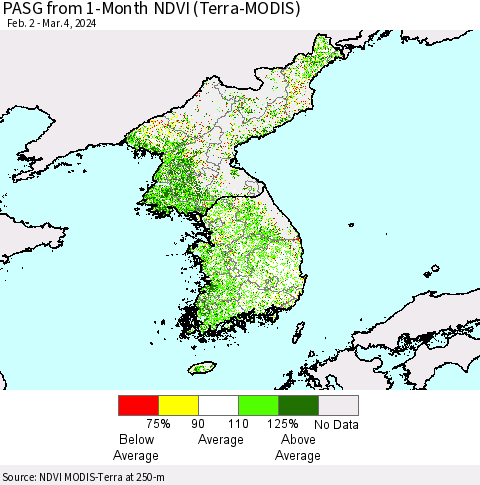 Korea PASG from 1-Month NDVI (Terra-MODIS) Thematic Map For 2/26/2024 - 3/4/2024