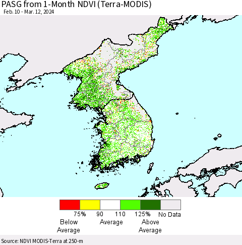 Korea PASG from 1-Month NDVI (Terra-MODIS) Thematic Map For 3/5/2024 - 3/12/2024