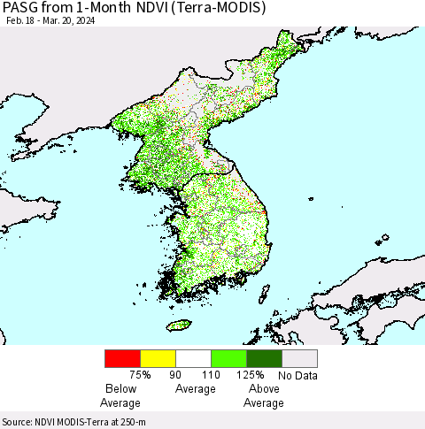 Korea PASG from 1-Month NDVI (Terra-MODIS) Thematic Map For 3/13/2024 - 3/20/2024