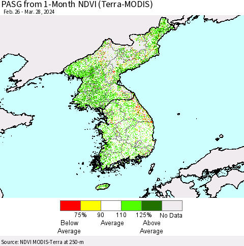 Korea PASG from 1-Month NDVI (Terra-MODIS) Thematic Map For 3/21/2024 - 3/28/2024
