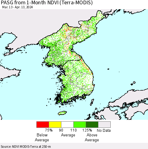 Korea PASG from 1-Month NDVI (Terra-MODIS) Thematic Map For 4/6/2024 - 4/13/2024
