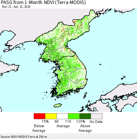 Korea PASG from 1-Month NDVI (Terra-MODIS) Thematic Map For 4/14/2024 - 4/21/2024