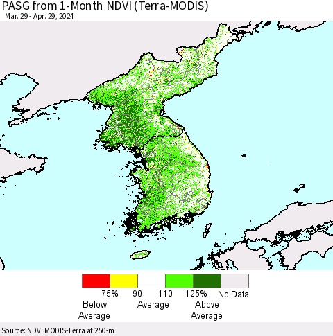 Korea PASG from 1-Month NDVI (Terra-MODIS) Thematic Map For 4/22/2024 - 4/29/2024