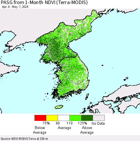 Korea PASG from 1-Month NDVI (Terra-MODIS) Thematic Map For 4/30/2024 - 5/7/2024