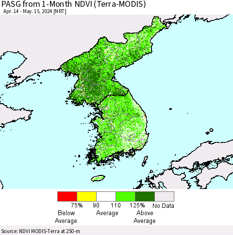 Korea PASG from 1-Month NDVI (Terra-MODIS) Thematic Map For 5/8/2024 - 5/15/2024