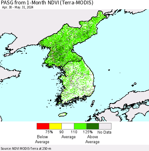 Korea PASG from 1-Month NDVI (Terra-MODIS) Thematic Map For 5/24/2024 - 5/31/2024