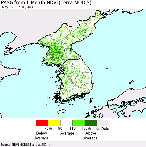 Korea PASG from 1-Month NDVI (Terra-MODIS) Thematic Map For 6/9/2024 - 6/16/2024