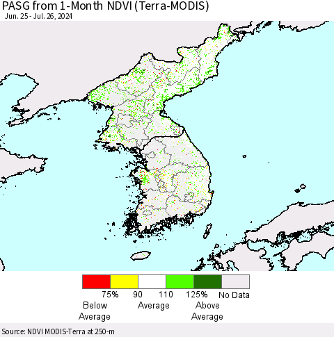 Korea PASG from 1-Month NDVI (Terra-MODIS) Thematic Map For 7/19/2024 - 7/26/2024