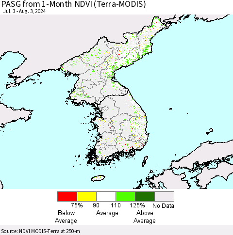 Korea PASG from 1-Month NDVI (Terra-MODIS) Thematic Map For 7/27/2024 - 8/3/2024