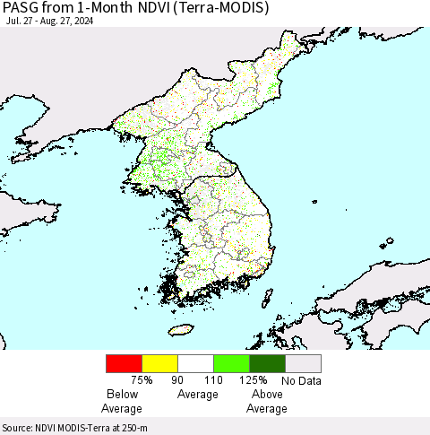Korea PASG from 1-Month NDVI (Terra-MODIS) Thematic Map For 8/20/2024 - 8/27/2024