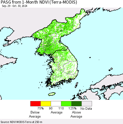 Korea PASG from 1-Month NDVI (Terra-MODIS) Thematic Map For 10/23/2024 - 10/30/2024