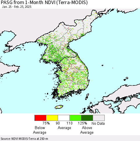 Korea PASG from 1-Month NDVI (Terra-MODIS) Thematic Map For 2/18/2025 - 2/25/2025