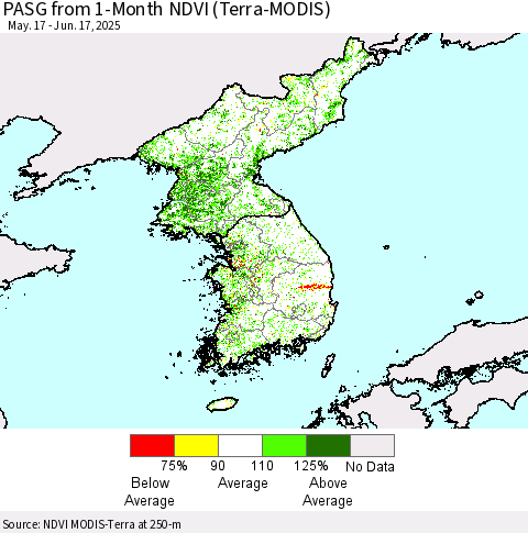 Korea PASG from 1-Month NDVI (Terra-MODIS) Thematic Map For 6/10/2025 - 6/17/2025