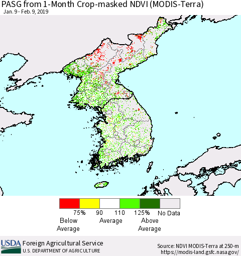 Korea PASG from 1-Month Cropland NDVI (Terra-MODIS) Thematic Map For 2/1/2019 - 2/10/2019