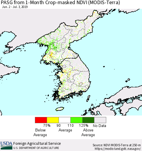 Korea PASG from 1-Month Cropland NDVI (Terra-MODIS) Thematic Map For 7/1/2019 - 7/10/2019