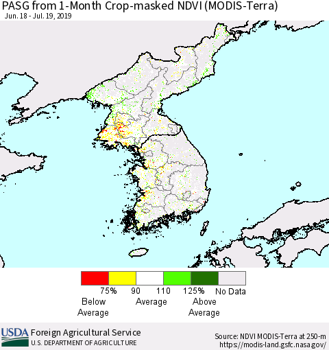 Korea PASG from 1-Month Cropland NDVI (Terra-MODIS) Thematic Map For 7/11/2019 - 7/20/2019