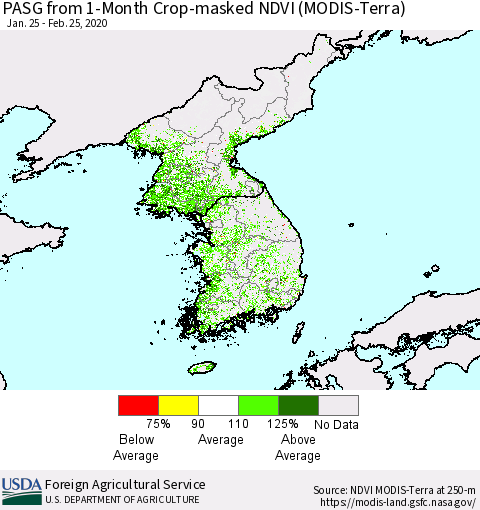 Korea PASG from 1-Month Cropland NDVI (Terra-MODIS) Thematic Map For 2/21/2020 - 2/29/2020