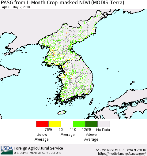 Korea PASG from 1-Month Cropland NDVI (Terra-MODIS) Thematic Map For 5/1/2020 - 5/10/2020