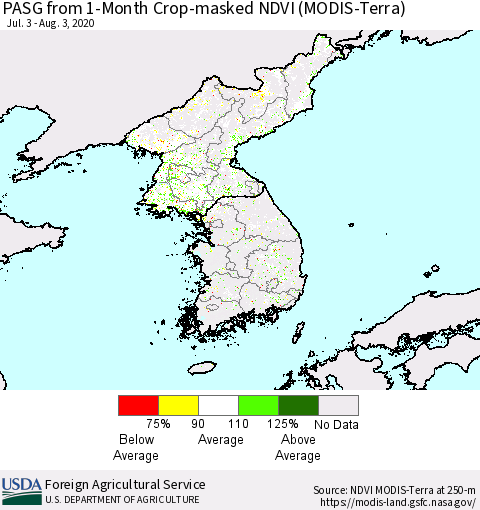 Korea PASG from 1-Month Cropland NDVI (Terra-MODIS) Thematic Map For 8/1/2020 - 8/10/2020
