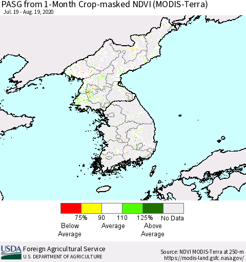 Korea PASG from 1-Month Cropland NDVI (Terra-MODIS) Thematic Map For 8/11/2020 - 8/20/2020