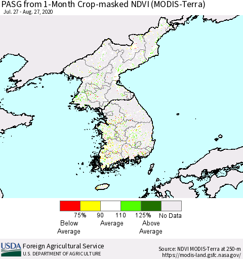 Korea PASG from 1-Month Cropland NDVI (Terra-MODIS) Thematic Map For 8/21/2020 - 8/31/2020