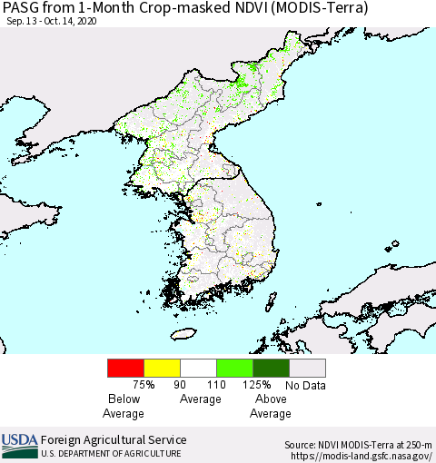 Korea PASG from 1-Month Cropland NDVI (Terra-MODIS) Thematic Map For 10/11/2020 - 10/20/2020
