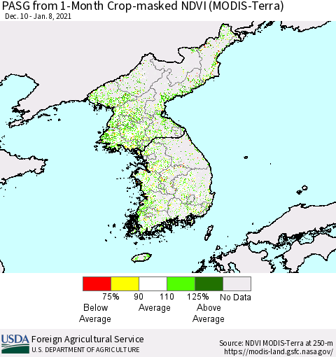 Korea PASG from 1-Month Cropland NDVI (Terra-MODIS) Thematic Map For 1/1/2021 - 1/10/2021