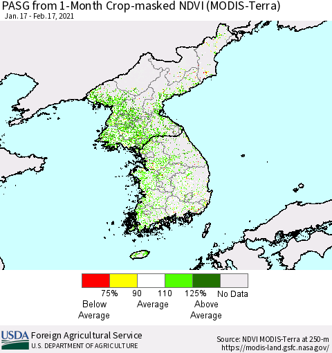 Korea PASG from 1-Month Cropland NDVI (Terra-MODIS) Thematic Map For 2/11/2021 - 2/20/2021