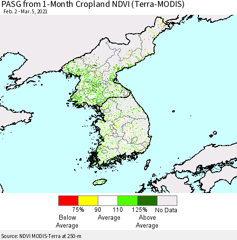 Korea PASG from 1-Month Cropland NDVI (Terra-MODIS) Thematic Map For 2/26/2021 - 3/5/2021