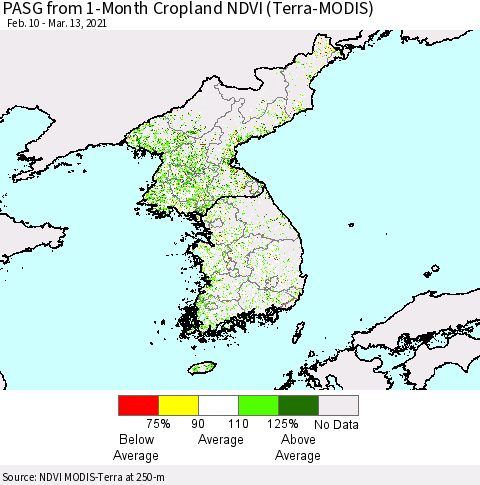 Korea PASG from 1-Month Cropland NDVI (Terra-MODIS) Thematic Map For 3/6/2021 - 3/13/2021