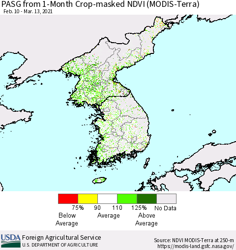 Korea PASG from 1-Month Cropland NDVI (Terra-MODIS) Thematic Map For 3/11/2021 - 3/20/2021