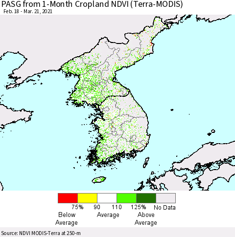 Korea PASG from 1-Month Cropland NDVI (Terra-MODIS) Thematic Map For 3/14/2021 - 3/21/2021