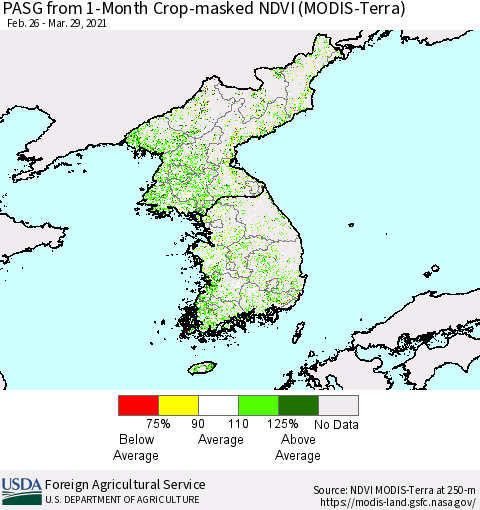 Korea PASG from 1-Month Cropland NDVI (Terra-MODIS) Thematic Map For 3/21/2021 - 3/31/2021
