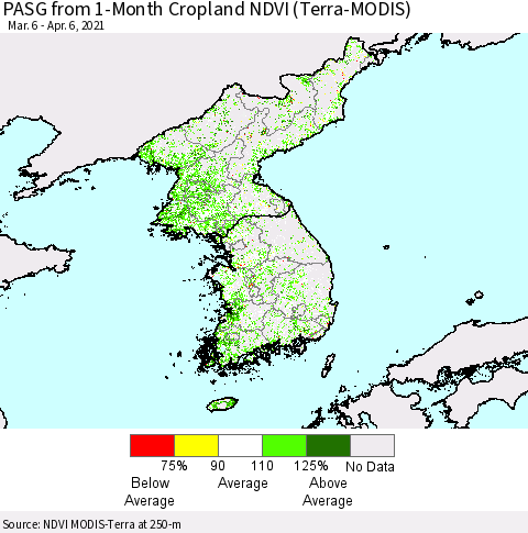 Korea PASG from 1-Month Cropland NDVI (Terra-MODIS) Thematic Map For 3/30/2021 - 4/6/2021
