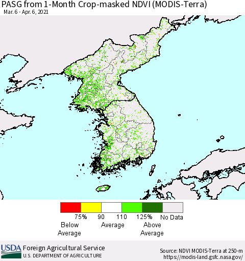 Korea PASG from 1-Month Cropland NDVI (Terra-MODIS) Thematic Map For 4/1/2021 - 4/10/2021