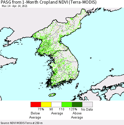 Korea PASG from 1-Month Cropland NDVI (Terra-MODIS) Thematic Map For 4/7/2021 - 4/14/2021