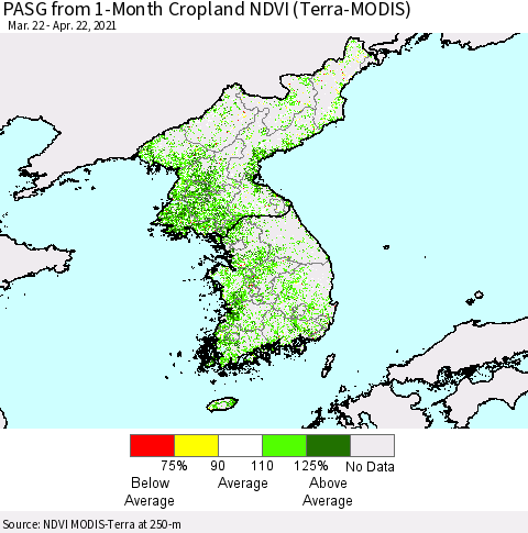Korea PASG from 1-Month Cropland NDVI (Terra-MODIS) Thematic Map For 4/15/2021 - 4/22/2021